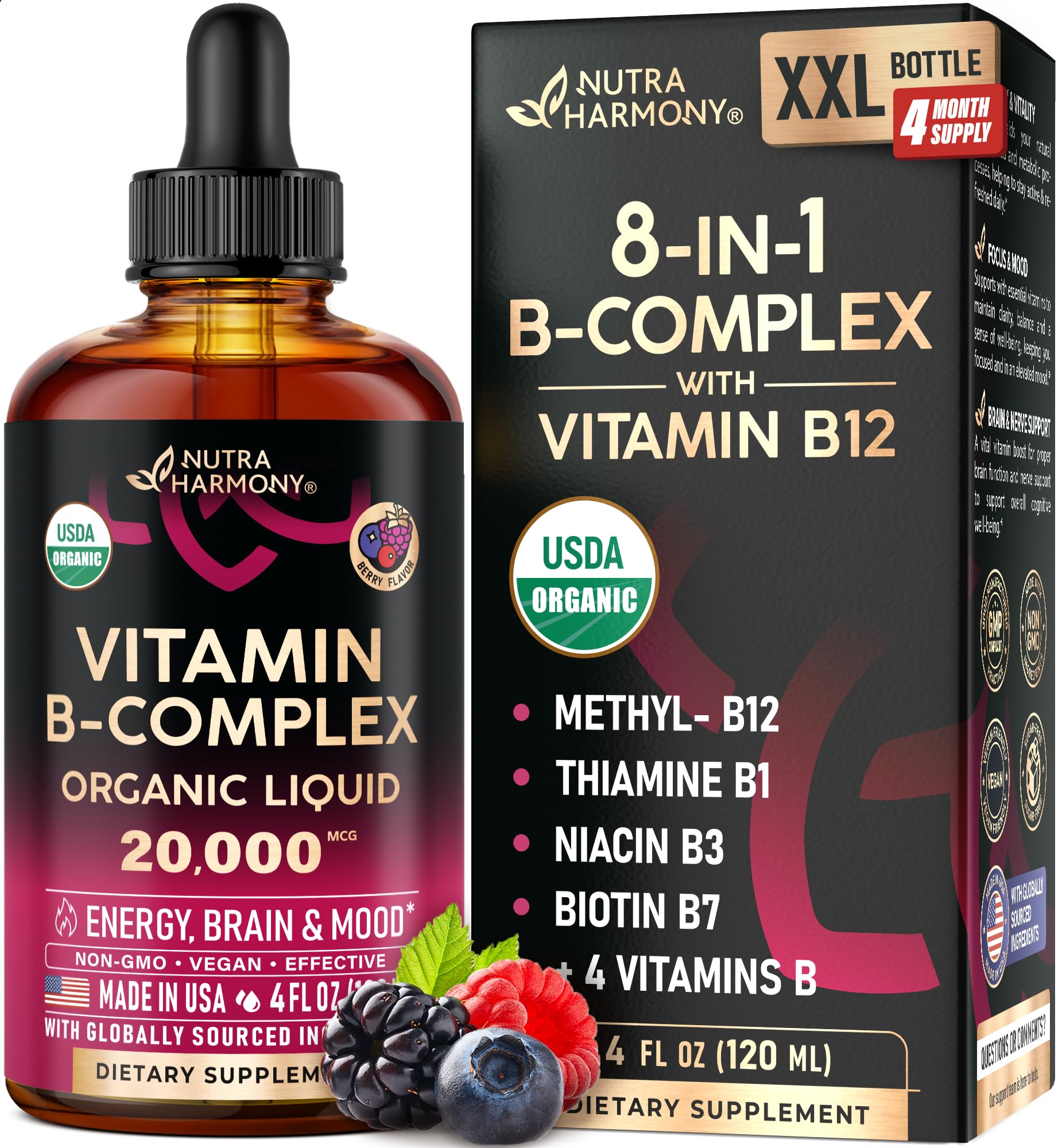 NUTRAHARMONY front label view showing organic certification and benefits