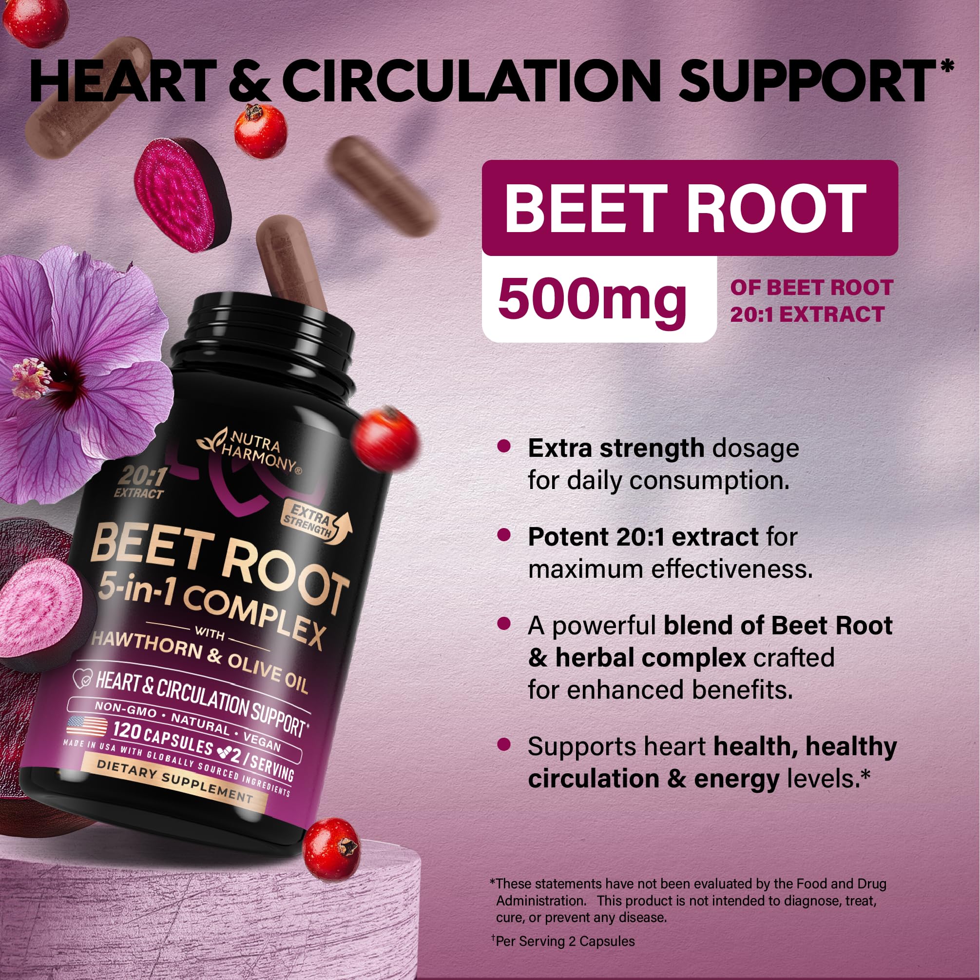 Arrangement of beet root, olive leaf, hibiscus and garlic representing NUTRAHARMONY active ingredients