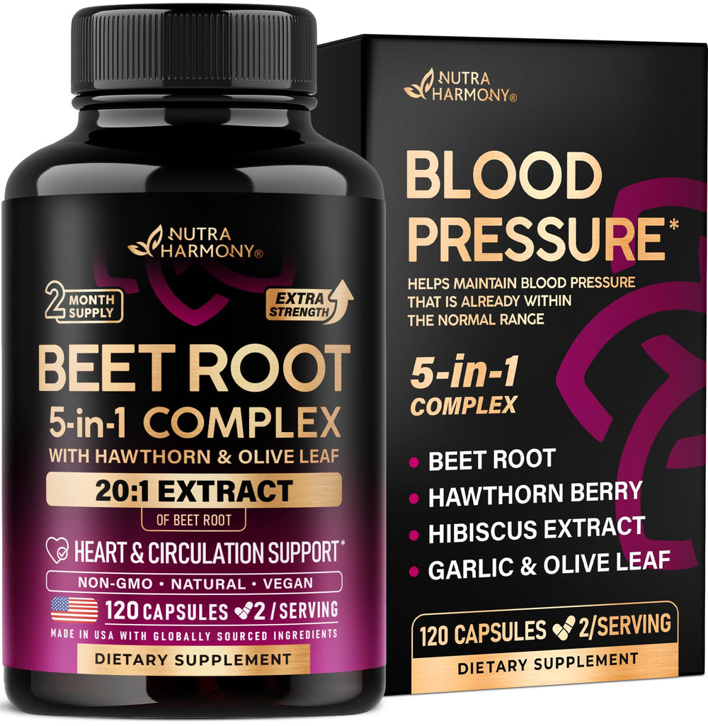 NUTRAHARMONY front packaging showing beet root capsules and supplement benefits