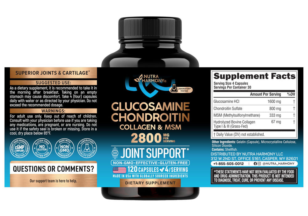 NUTRAHARMONY top label closeup highlighting 2800 mg per serving for clarity