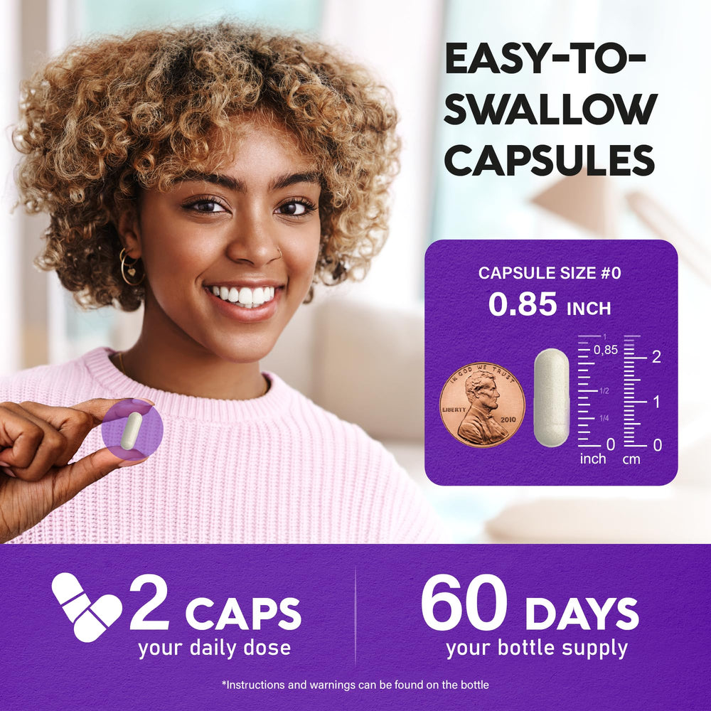 NUTRAHARMONY capsule in hand illustrating easy-to-swallow benefit