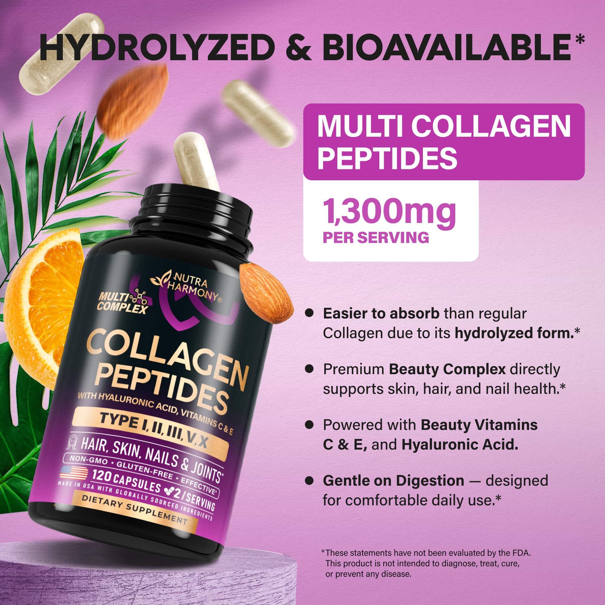 NUTRAHARMONY capsules being poured into hand illustrating easy portability