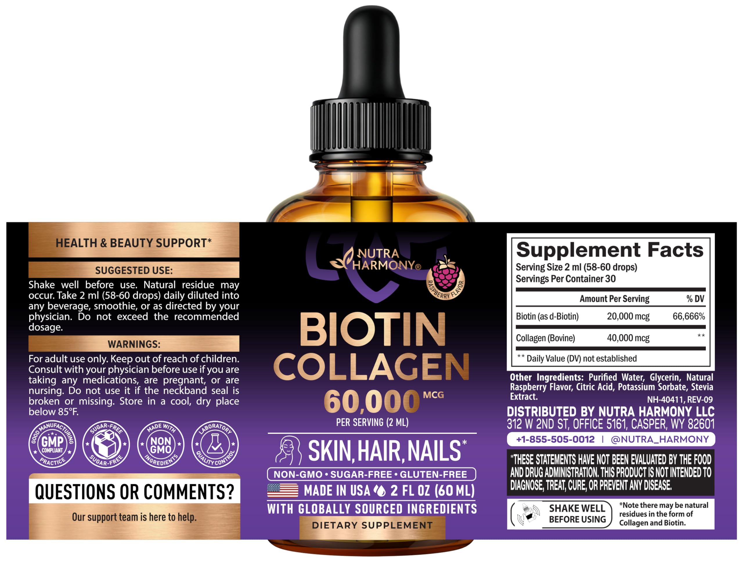 NUTRAHARMONY dropper dispensing a measured biotin drop for easy dosing