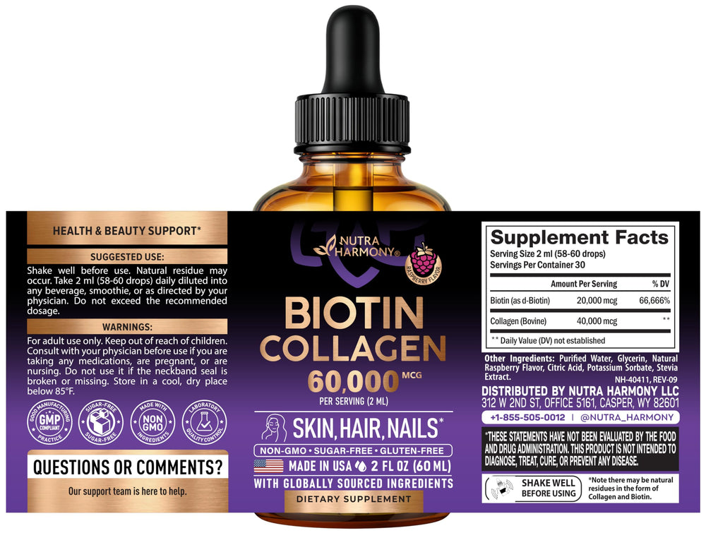 NUTRAHARMONY dropper dispensing a measured biotin drop for easy dosing