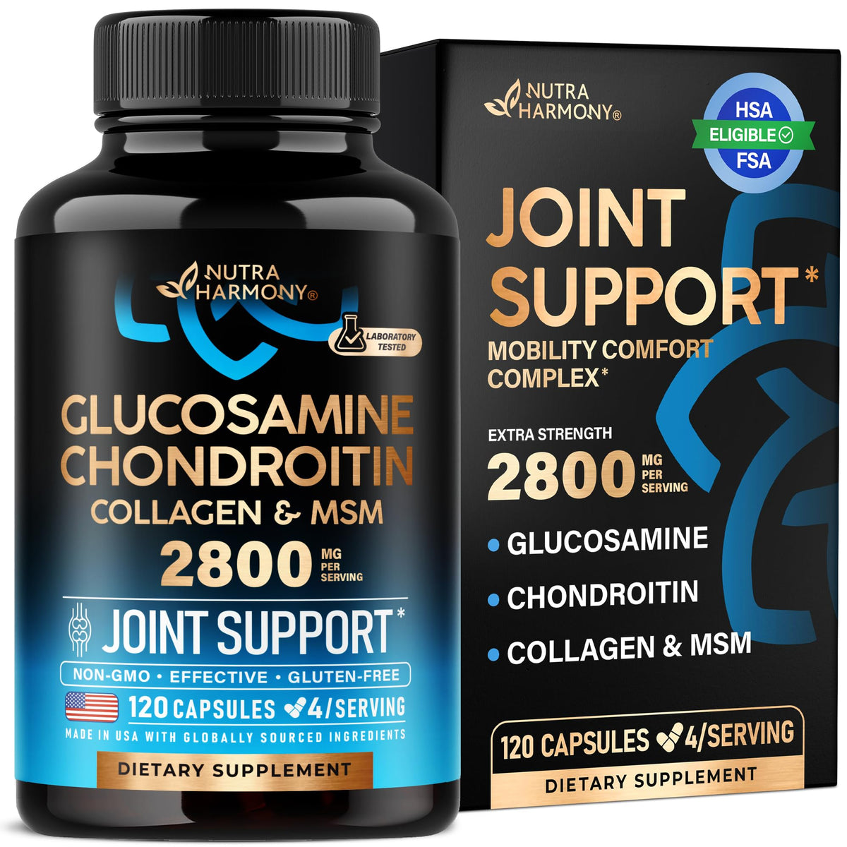 NUTRAHARMONY front packaging showing supplement benefits and 120 capsules