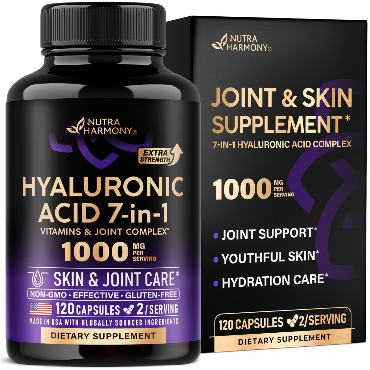 NUTRAHARMONY front packaging showing bottle and label benefits