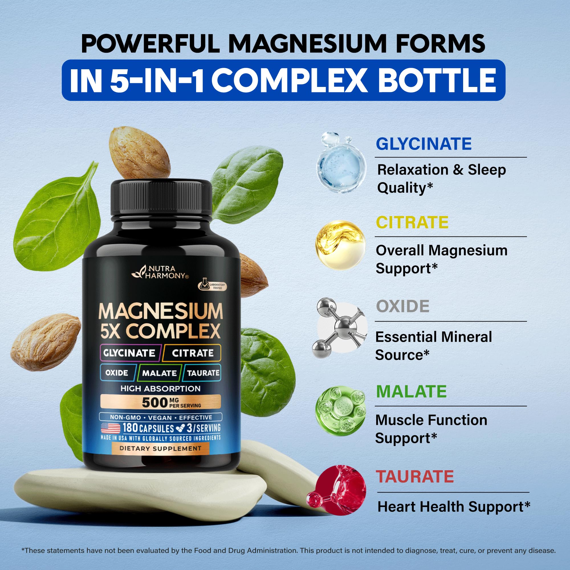 open bottle with 180 capsules showing NUTRAHARMONY multi-month supply