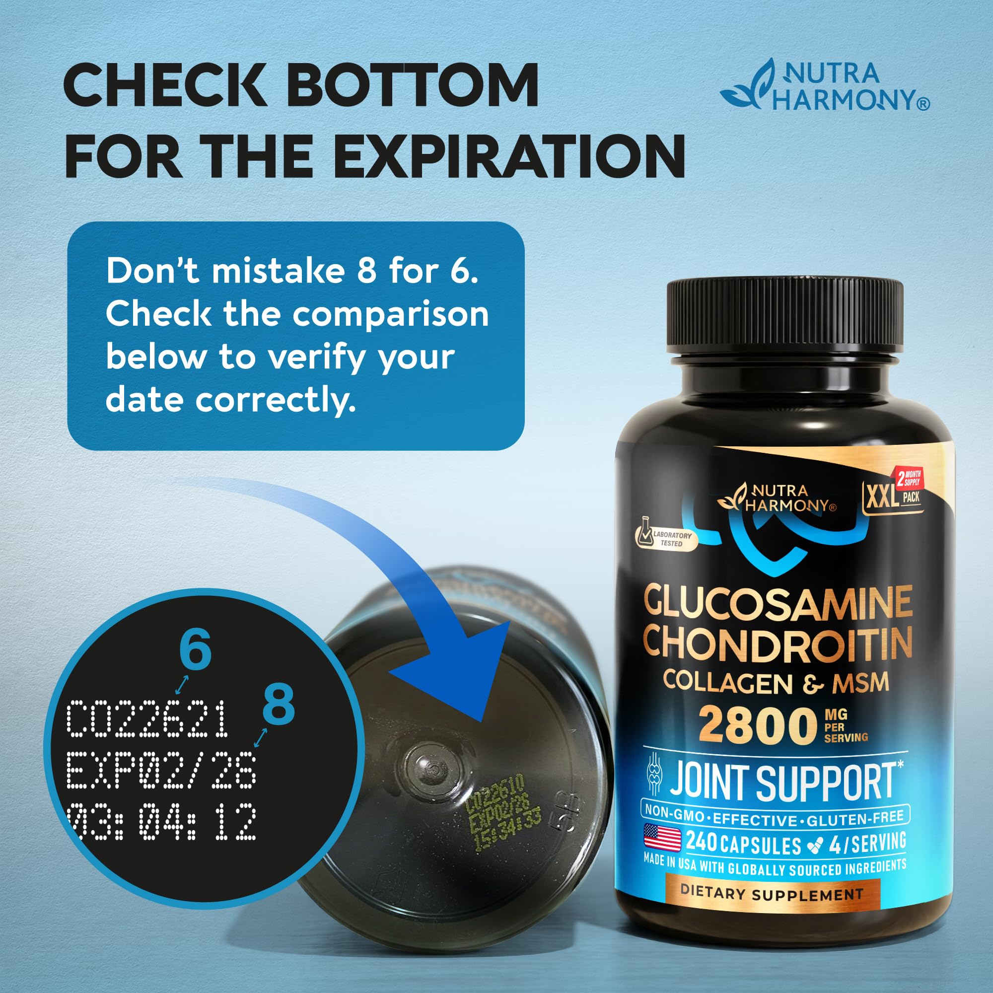 NUTRAHARMONY open bottle with capsules spilled for easy dose and packaging detail