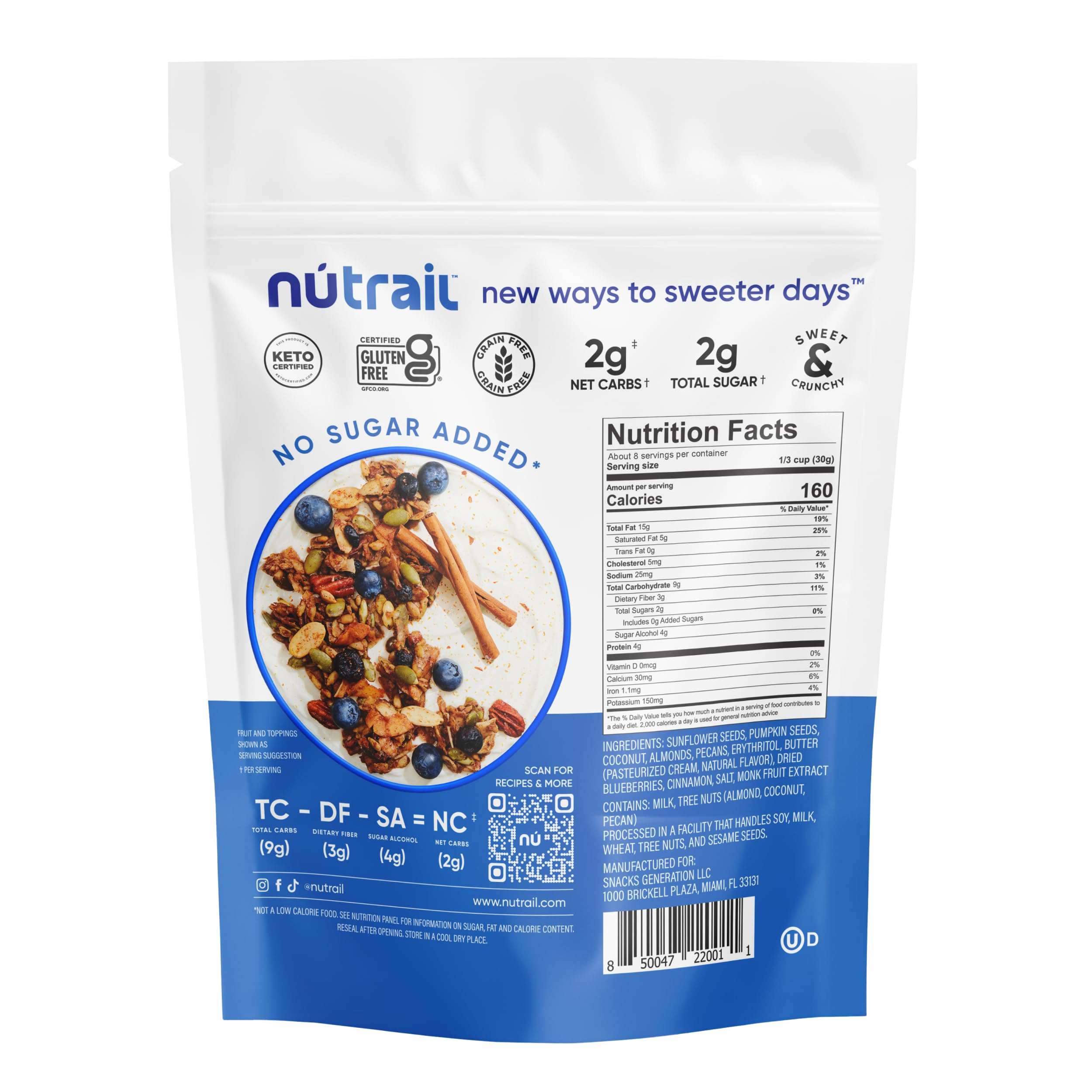 NuTrail granola in bowl with almond milk demonstrating easy low-carb cereal