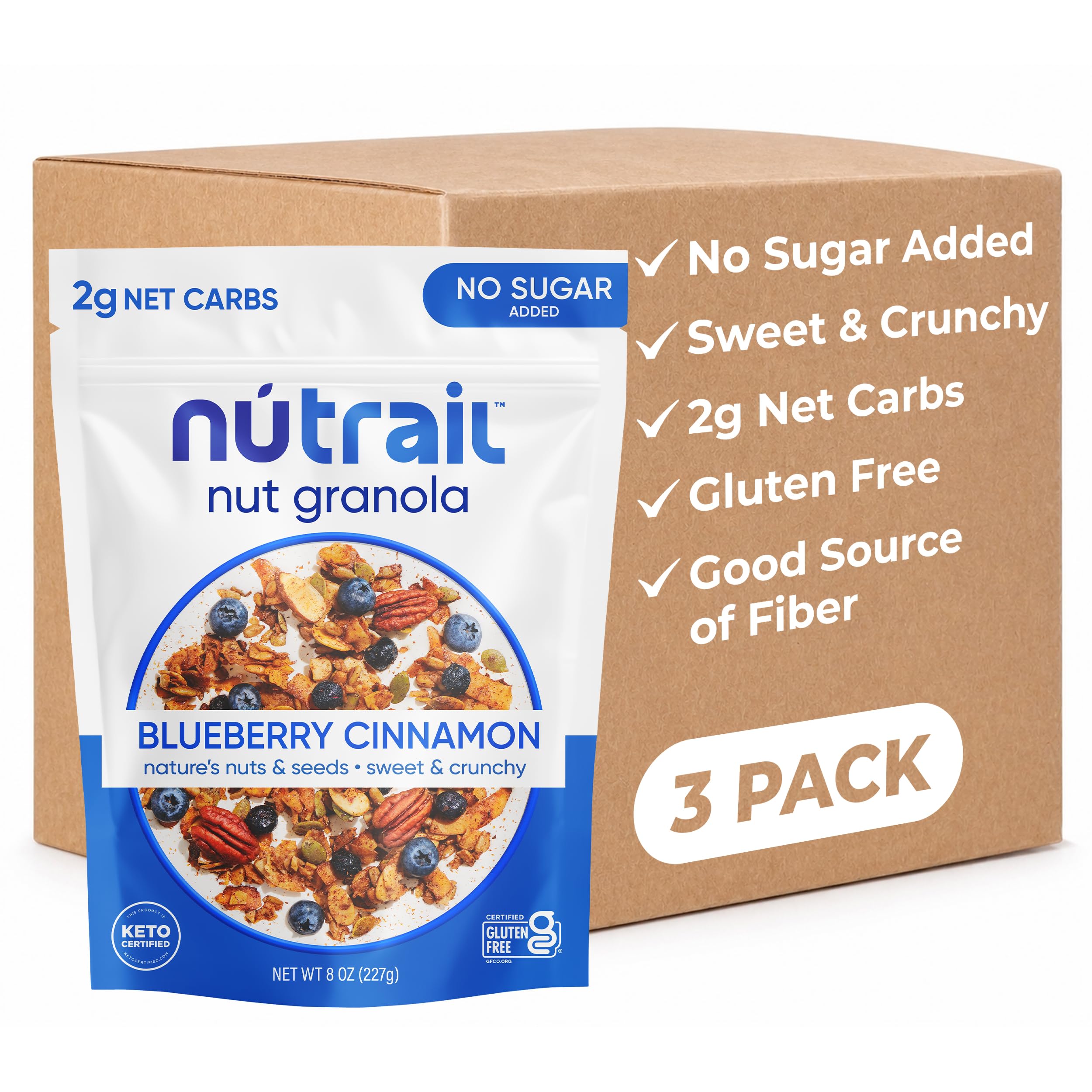 NuTrail front packaging showing blueberry cinnamon granola and Keto benefits