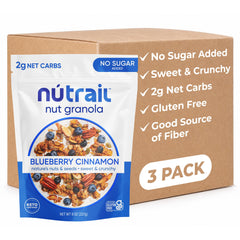NuTrail front packaging showing blueberry cinnamon granola and Keto benefits