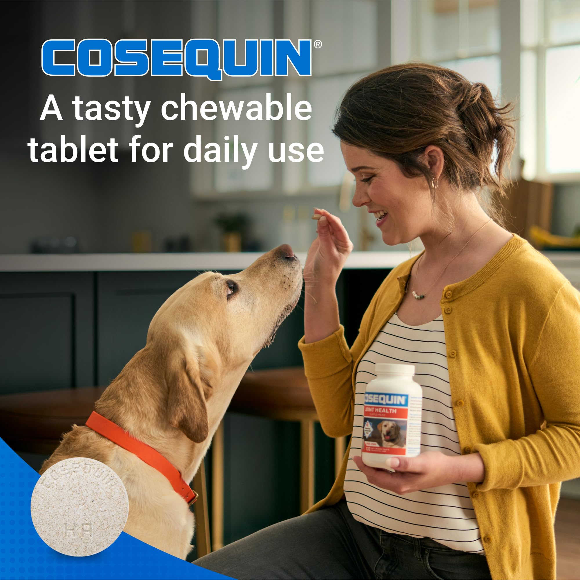 Hand holding tablet to show Nutramax Cosequin tablet scale for accurate dosing