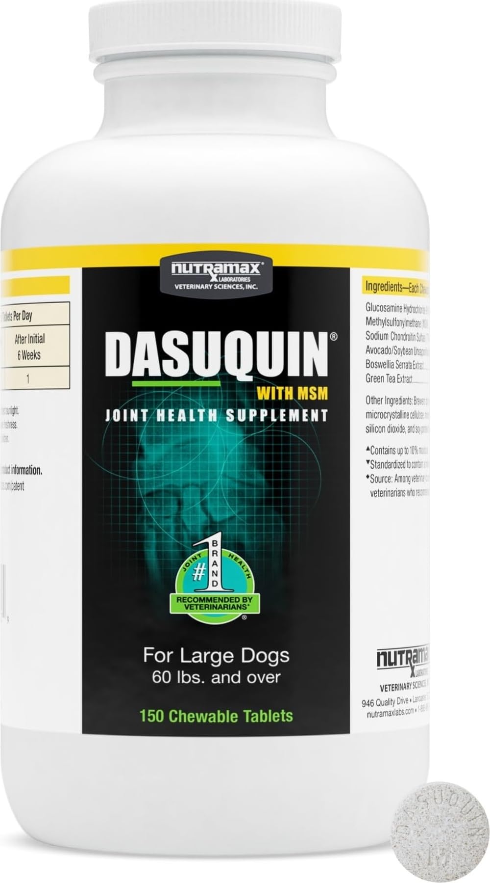 Nutramax Dasuquin bottle front view showing clear product identity and support