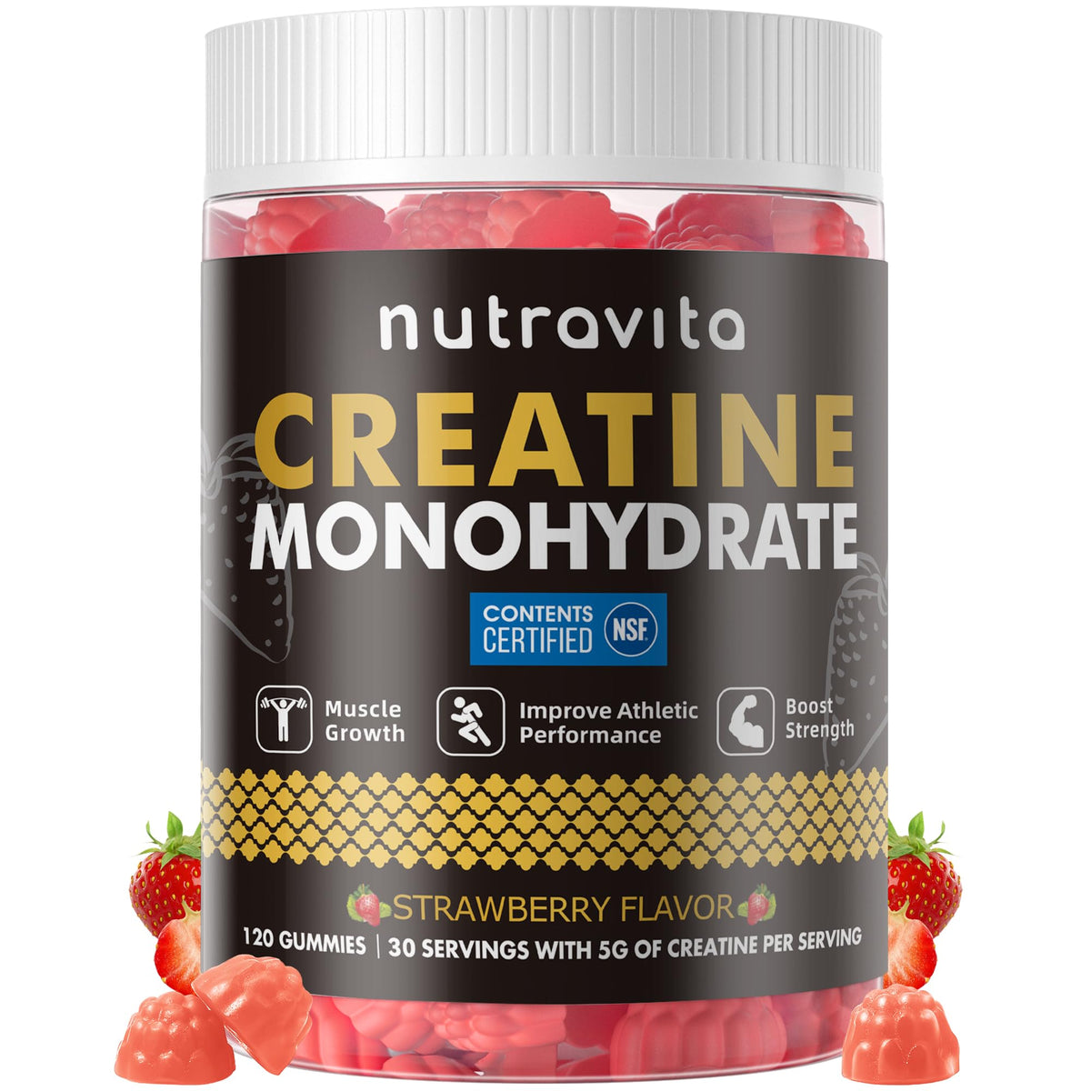 Nutravita front packaging showing creatine gummy bottle and benefits