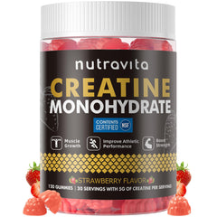 Nutravita front packaging showing creatine gummy bottle and benefits