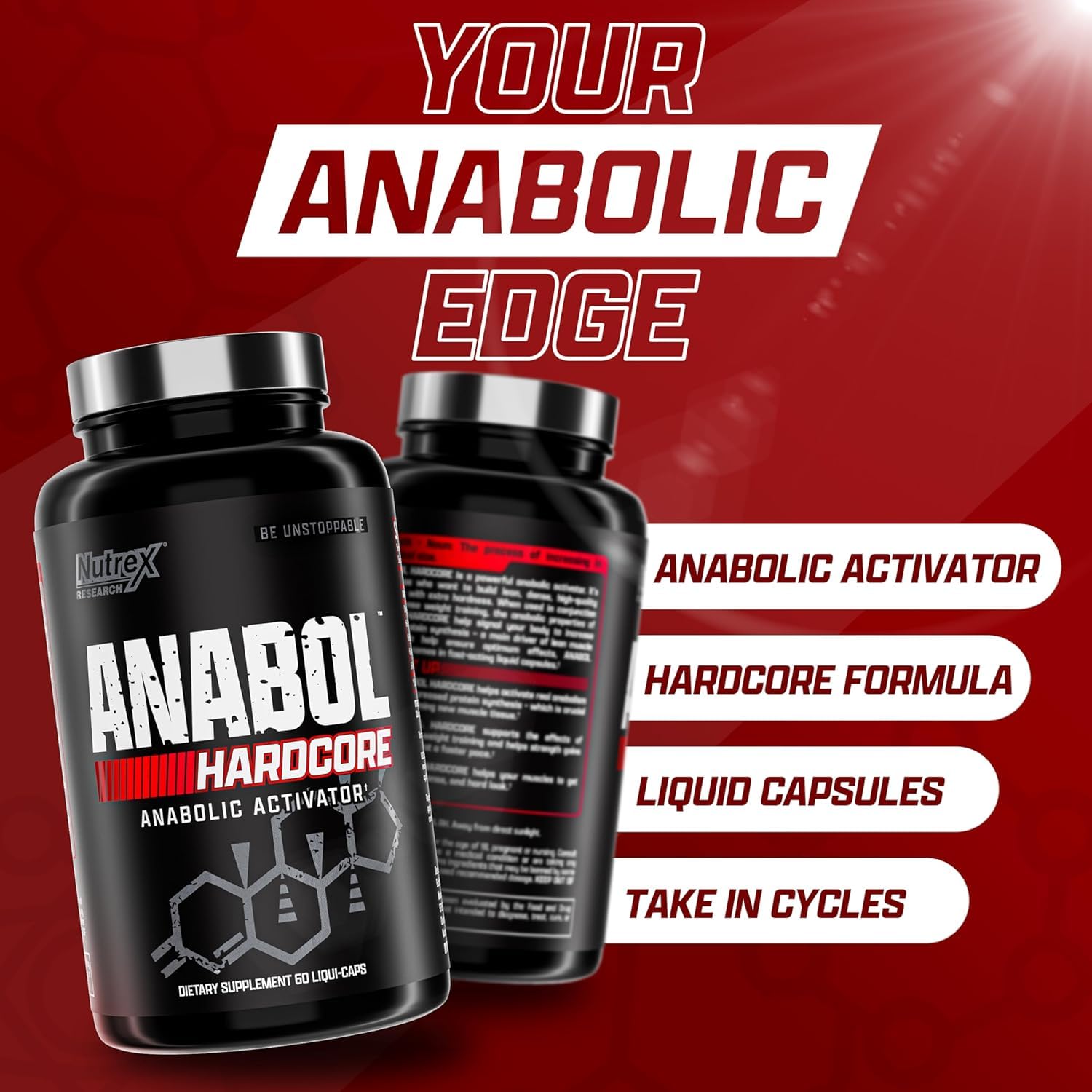 Nutrex Research Anabol bottle held in hand to show scale and one-month 60-pill supply convenience