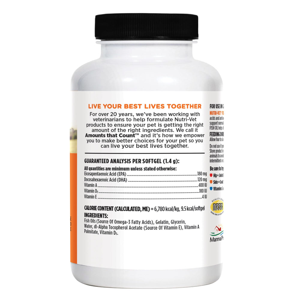 Nutri-Vet bottle open with softgels pouring illustrating mess-free supplement use