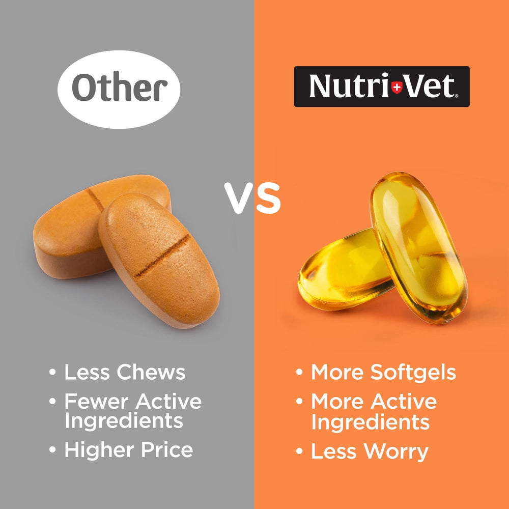 Nutri-Vet softgels in hand demonstrating size and simple daily administration