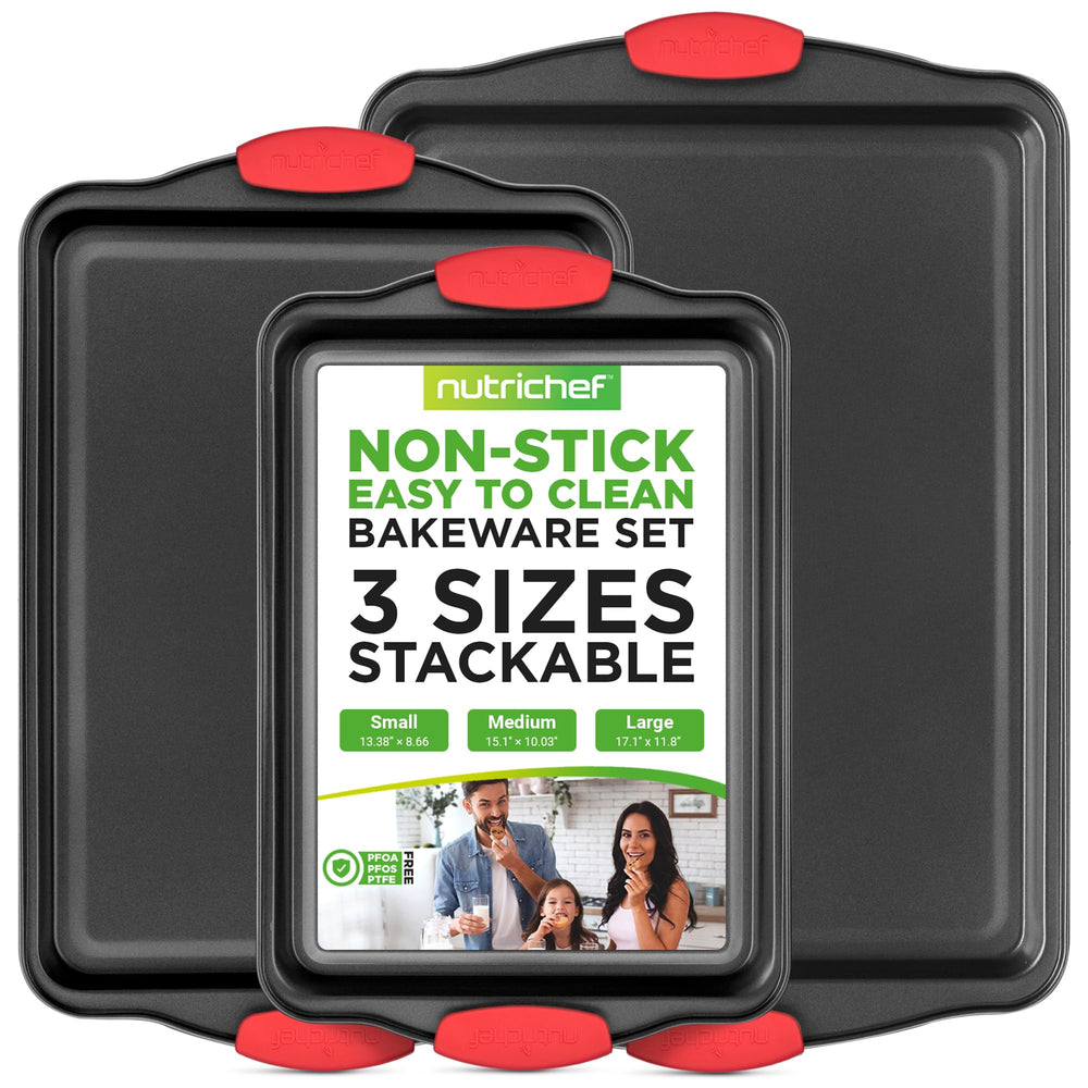 NutriChef front view of three cookie sheets showing sizes and finish, easy baking