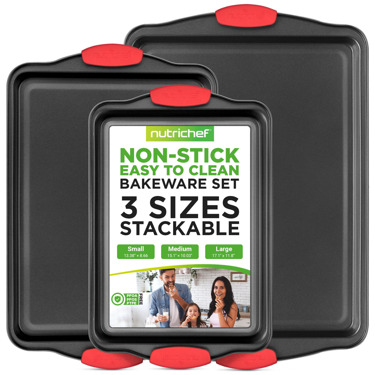 NutriChef front view of three cookie sheets showing sizes and finish, easy baking