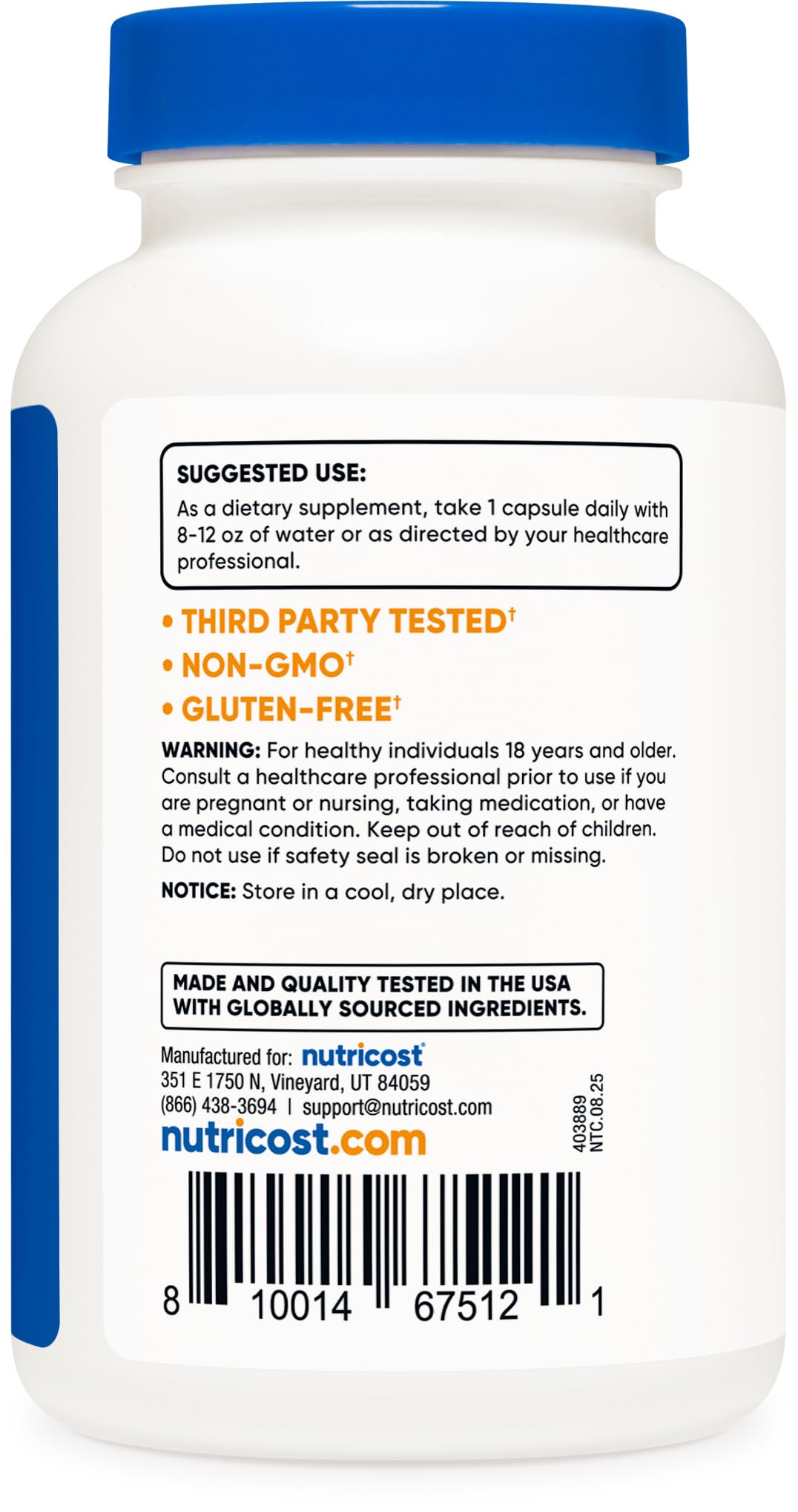 Hand holding Nutricost capsule for scale to show actual size and ease of daily dosing convenience