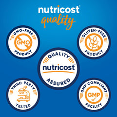 Nutricost bottle beside common objects to show 120-count scale and value