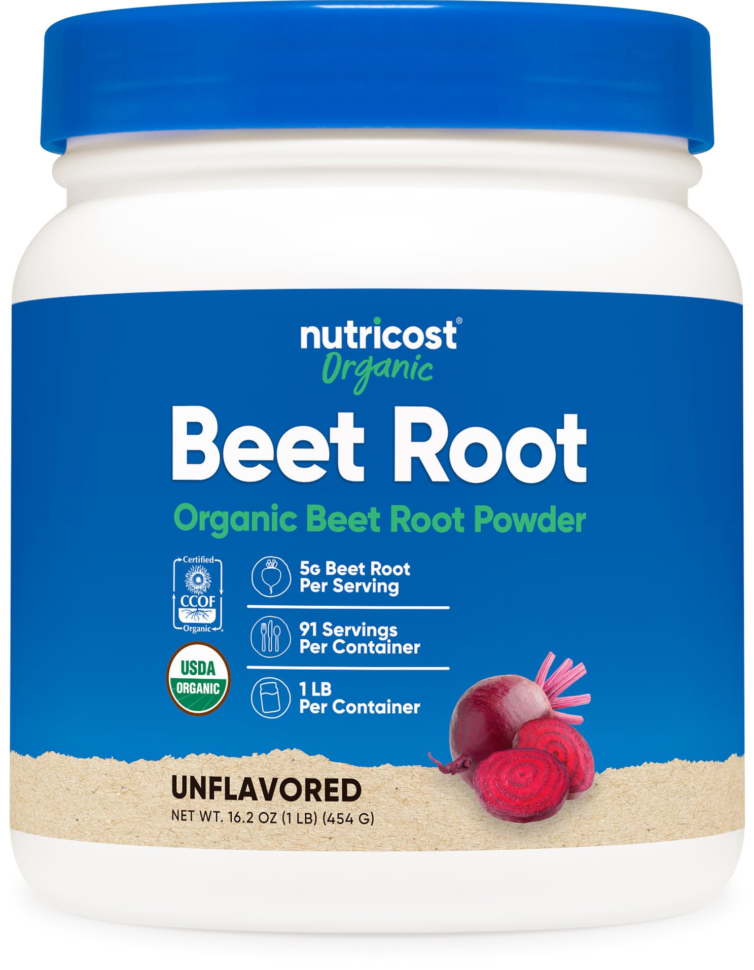 Nutricost front packaging showing 1 lb organic beet root powder for clean-label use