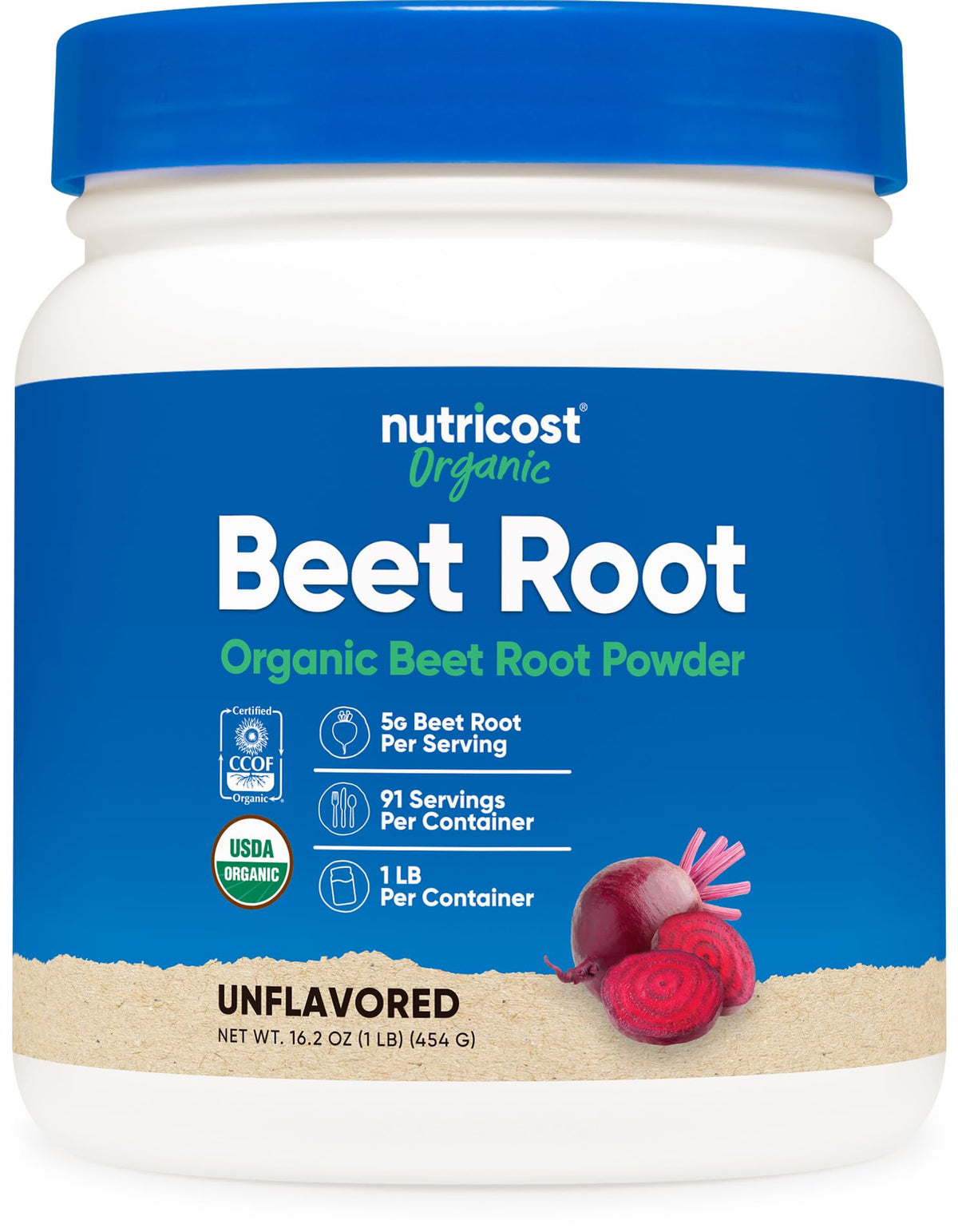 Nutricost front packaging showing 1 lb organic beet root powder for clean-label use