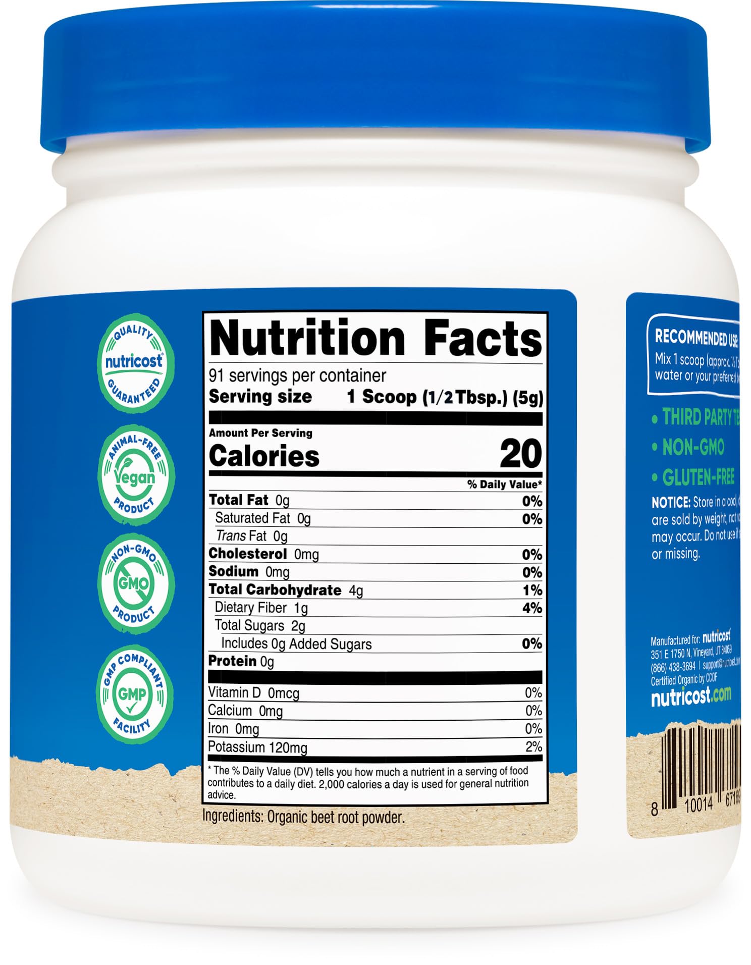 Nutricost jar beside measuring spoon and beets showing package size and ingredient clarity