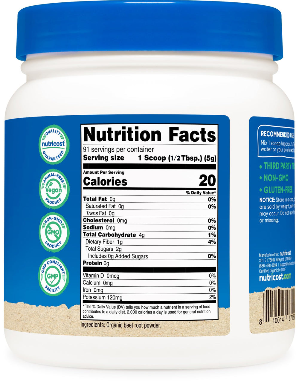 Nutricost jar beside measuring spoon and beets showing package size and ingredient clarity