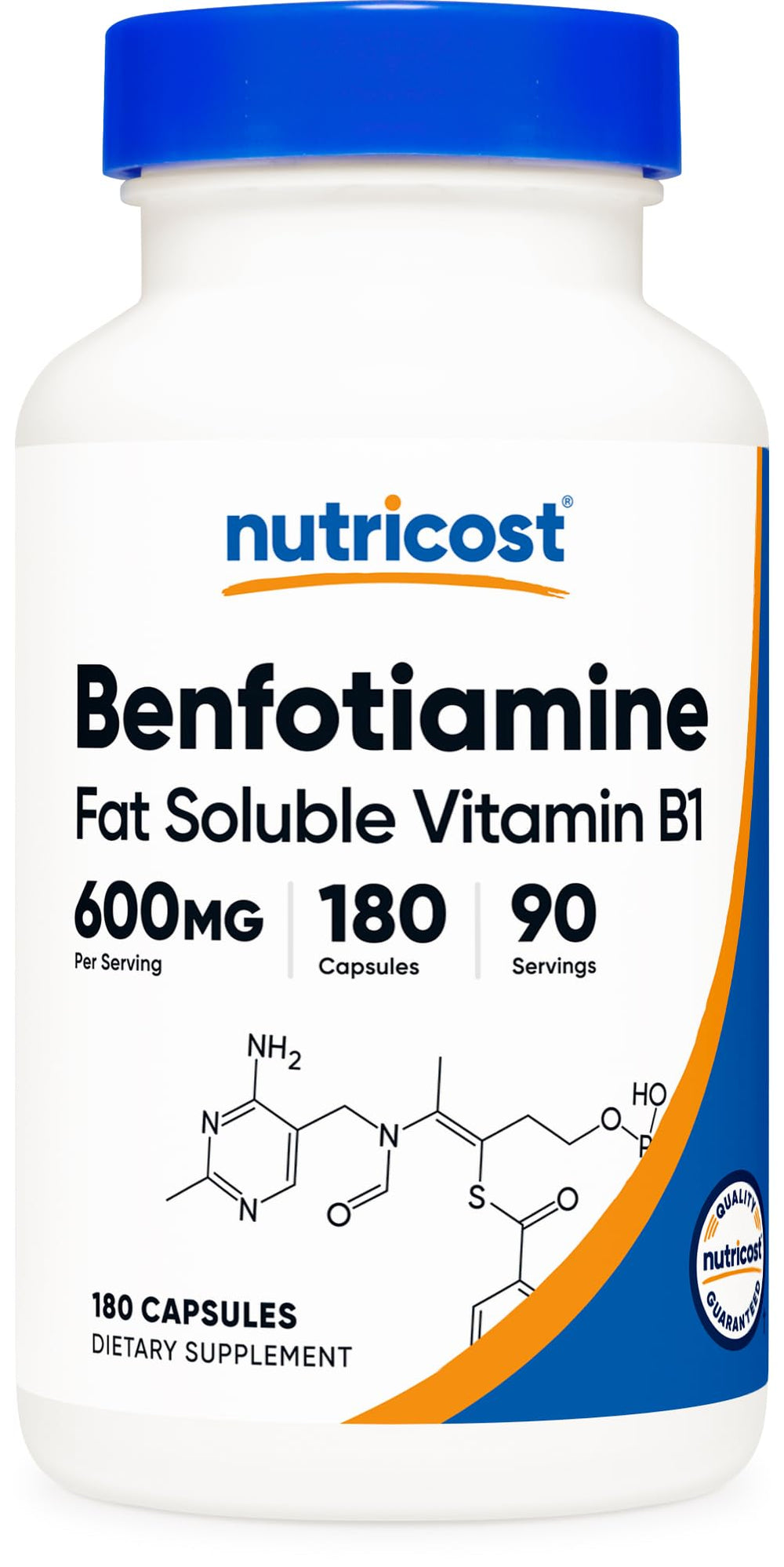 Nutricost bottle front view showing benfotiamine supplement and clear labeling benefit