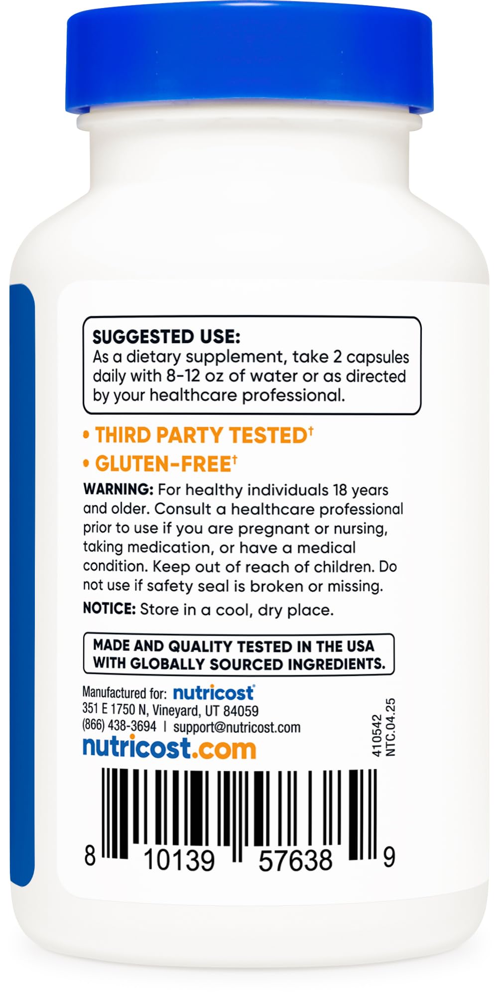 detailed Nutricost supplement facts label emphasizing purity and manufacturing standards