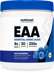 Nutricost front tub of Blue Raspberry EAA powder showing packaging benefit