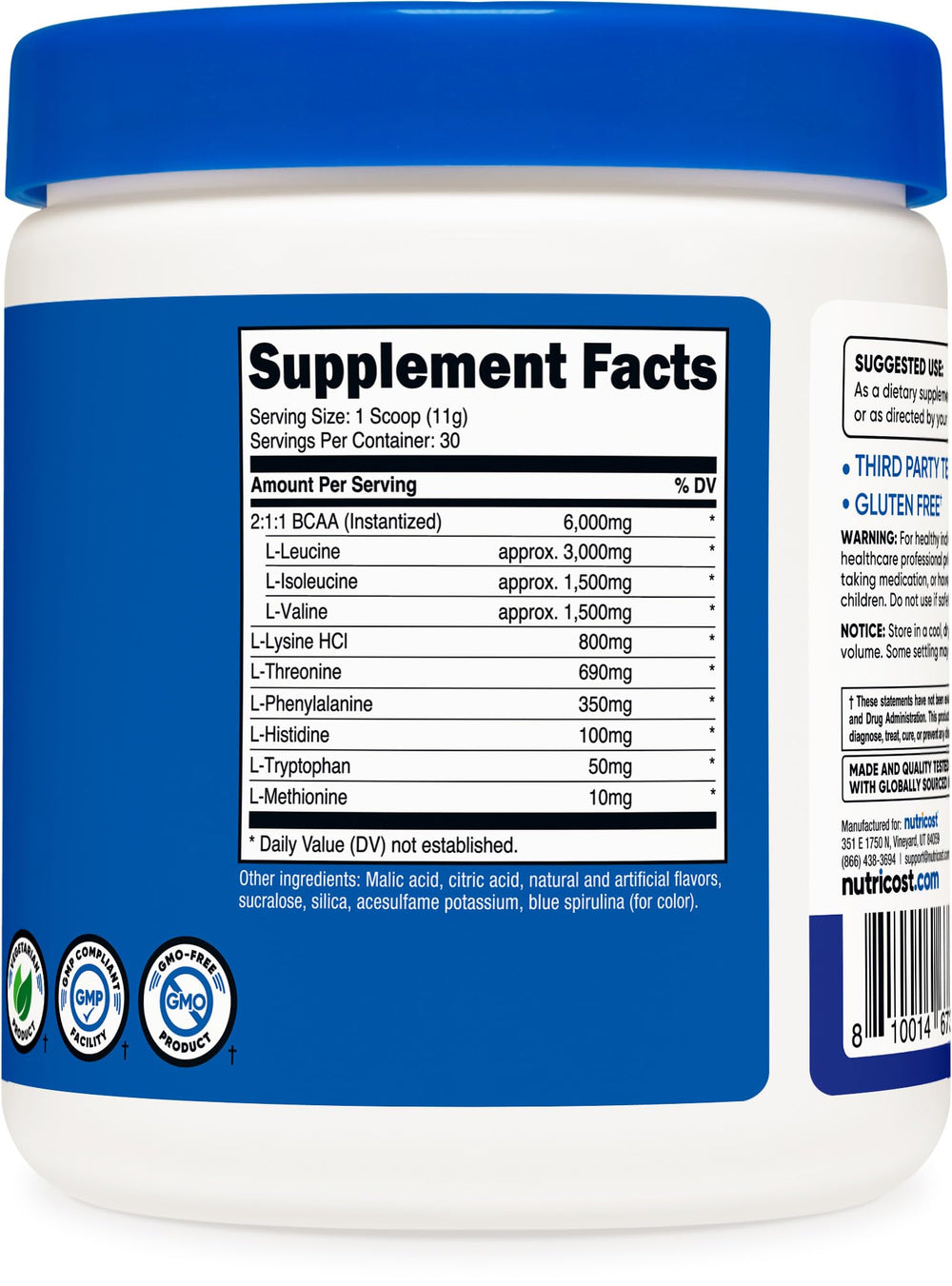 Nutricost label and ingredients panel emphasizing lab-tested quality