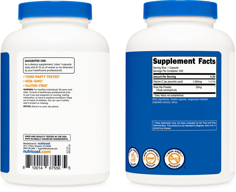 Nutricost capsules spilled from bottle to show quantity and convenient dosing