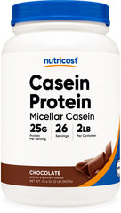 Nutricost front packaging showing 2lb chocolate casein and clear label benefits
