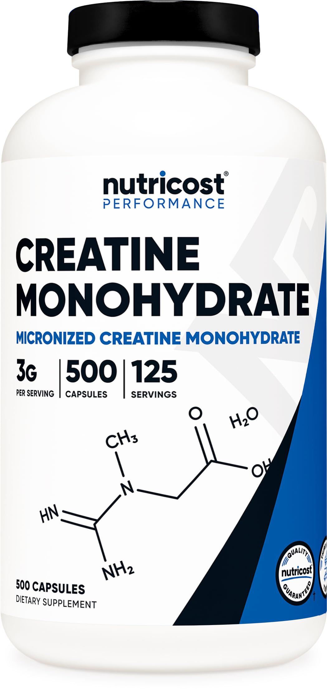 Nutricost bottle front label showing micronized creatine and serving size benefit