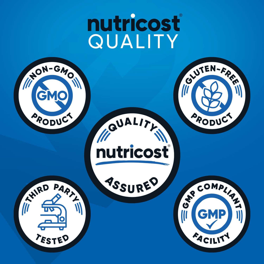 Nutricost open bottle with capsules spilling, showing long-lasting 500 capsule supply