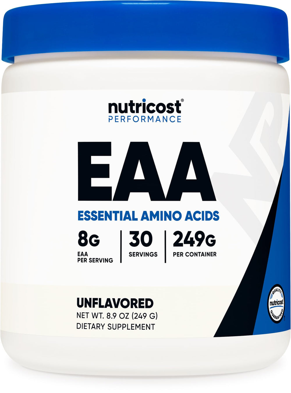 Nutricost front label showing unflavored EAA powder and serving info