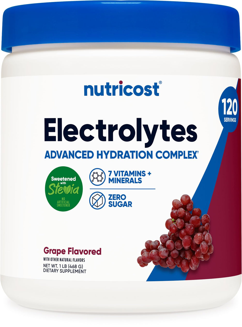 Nutricost container front view showing grape label and benefits