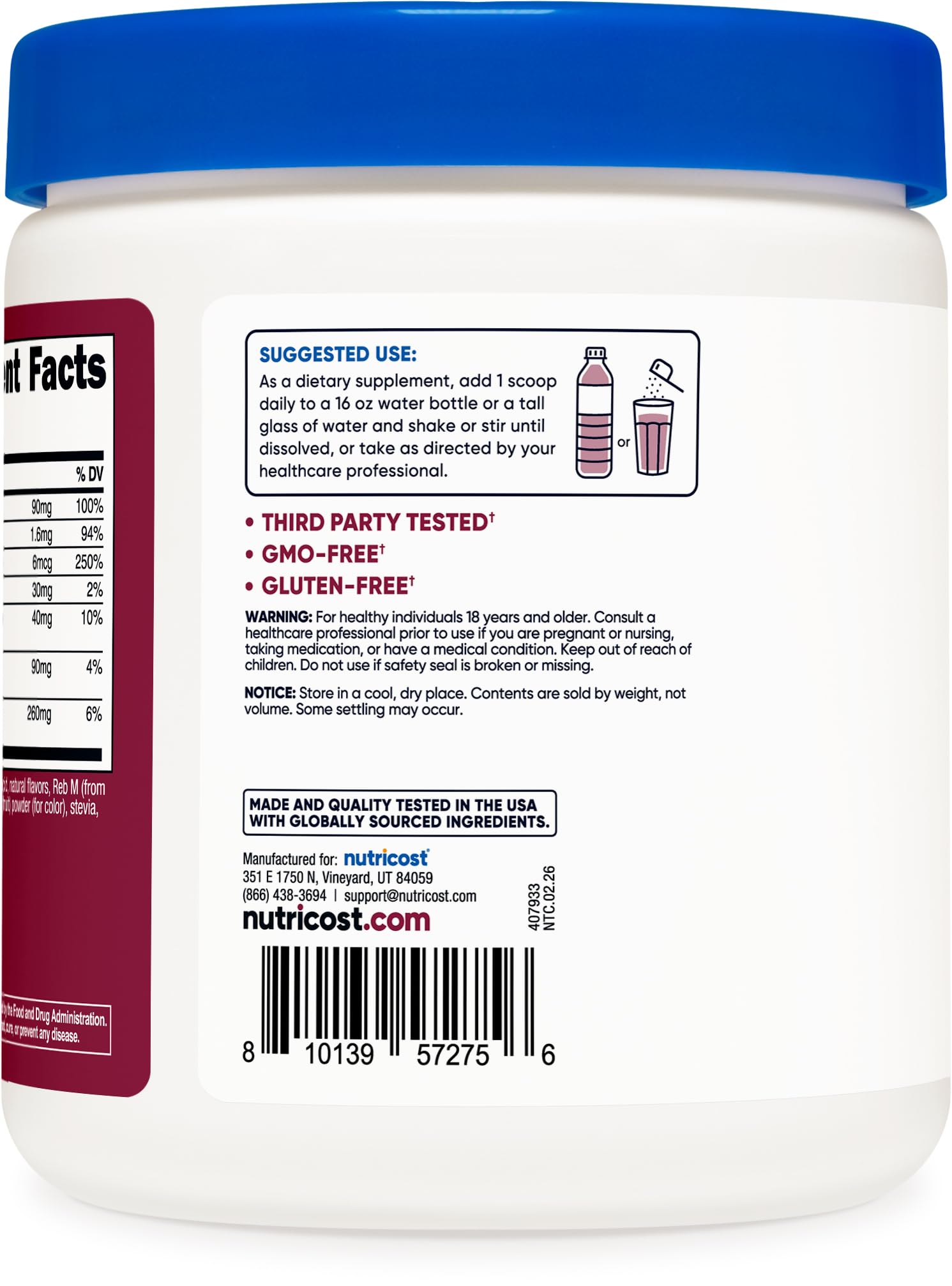 Nutricost nutrition label close-up showing electrolyte and ingredient facts