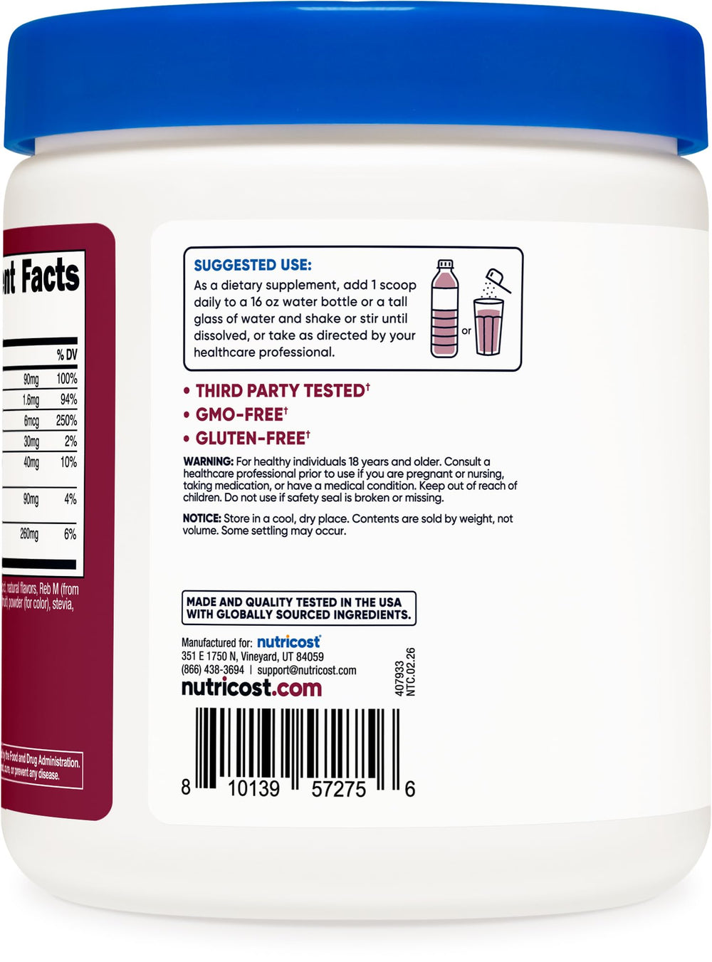 Nutricost nutrition label close-up showing electrolyte and ingredient facts