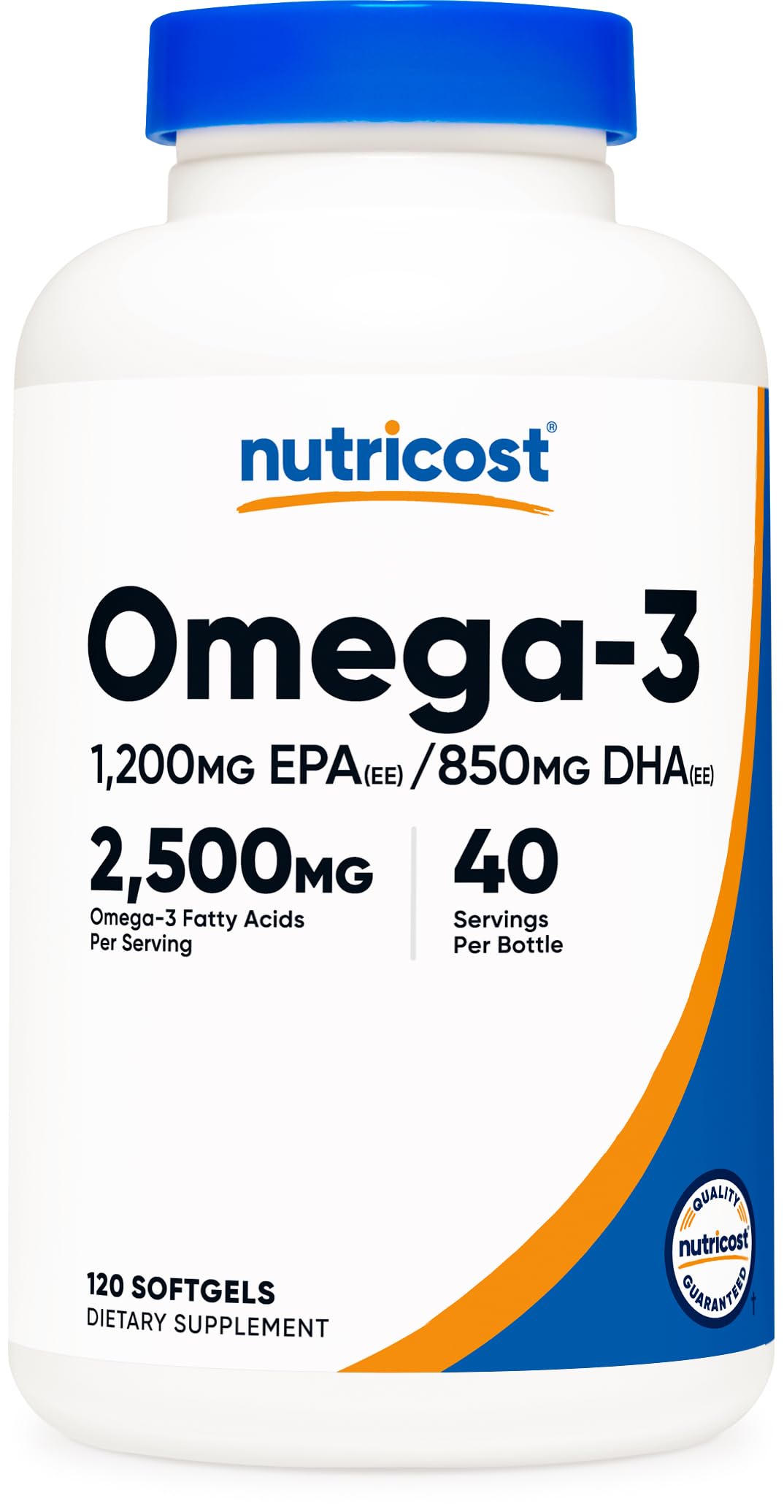 Nutricost bottle front packaging showing omega 3 details and high EPA DHA benefits