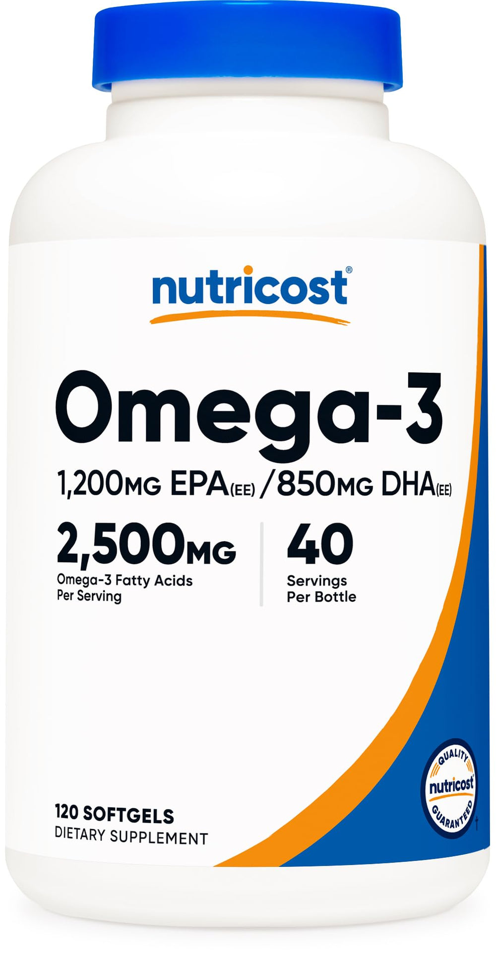 Nutricost bottle front packaging showing omega 3 details and high EPA DHA benefits