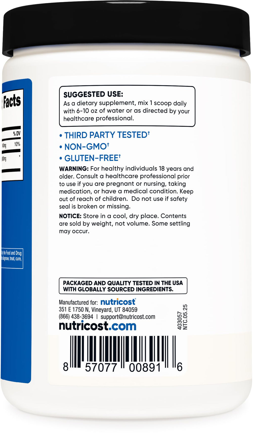 Nutricost tub label detail highlighting nutrition facts and manufacturing standards