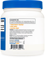 Nutricost serving size comparison next to a teaspoon for visual portion guidance