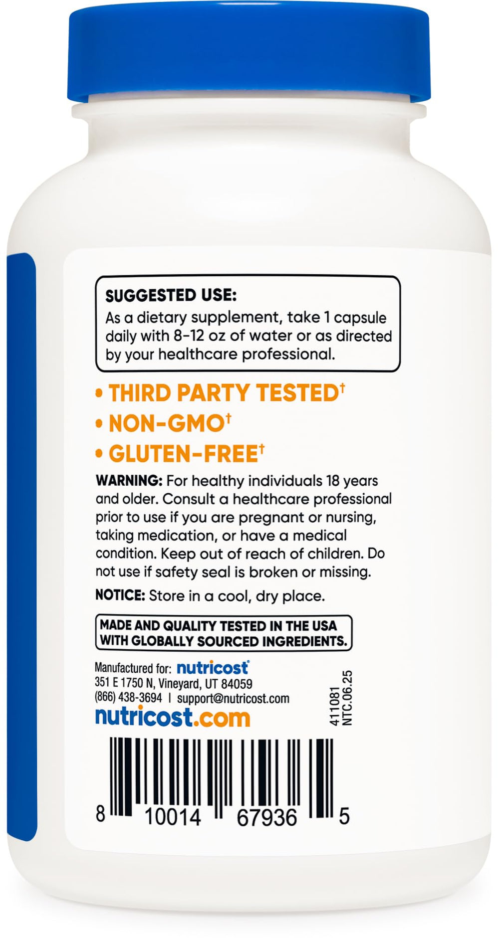 Nutricost capsule in hand showing scale and daily supply