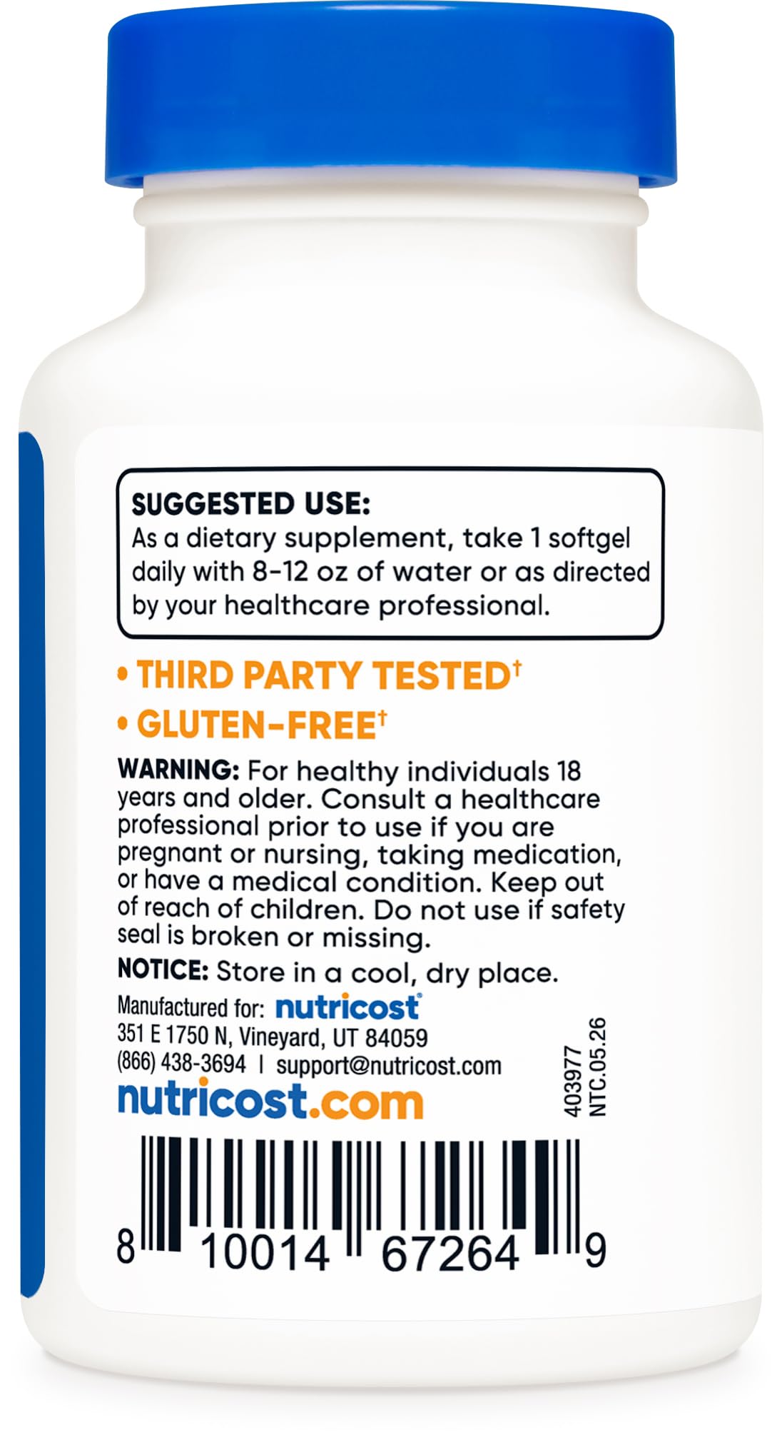 Nutricost label detail highlighting 100 mcg MK‑7 per serving and certifications