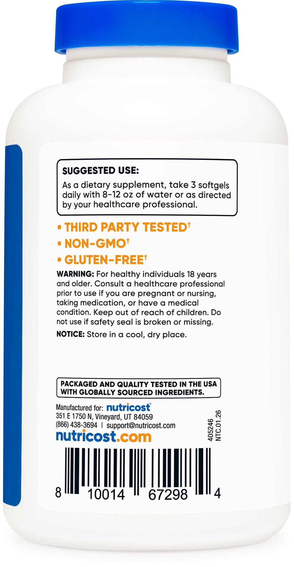 Nutricost product label close-up showing EPA DHA amounts and third-party testing benefit
