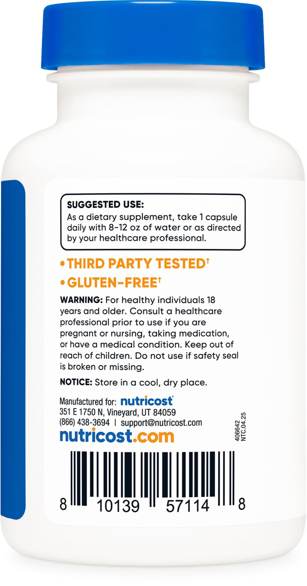 Nutricost capsules beside a ruler showing compact size and daily dosing